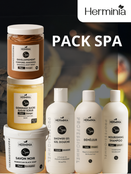 PACK SPA *6 PRODUITS(SHAMPOING-GEL DOUCHE-DEMELEUR-GOMMAGE-SAVON NOIR-ENVELOPPEMENT)